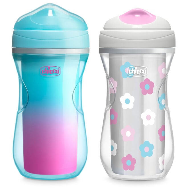 Chicco Insulated Rim Spout Trainer 9oz 12m+ (2pk) in Teal/Pink/Floral image number 0