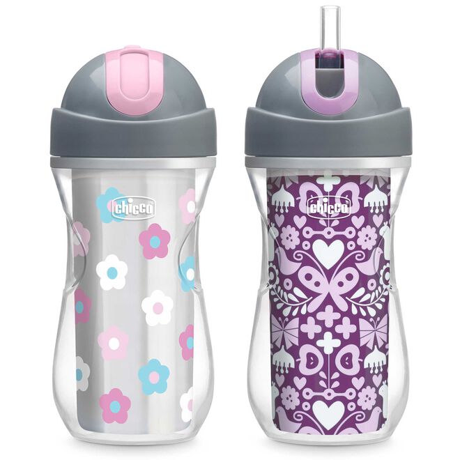 Chicco Insulated Flip-Top Straw Cup 9oz 12m+ (2pk) in Floral/Purple Print image number 0