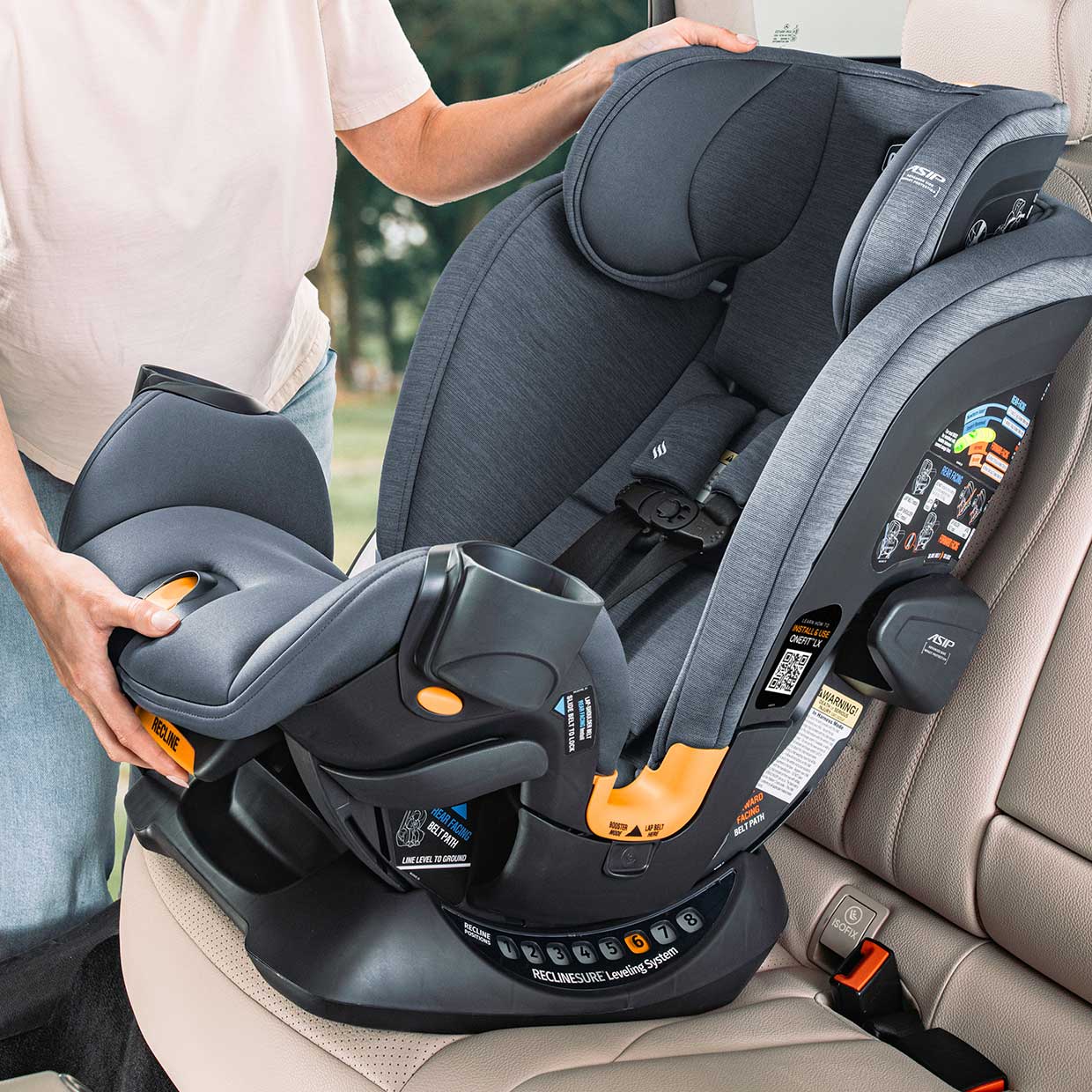 Close-up of a Chicco car seat recline adjustment showing 8 recline positions.