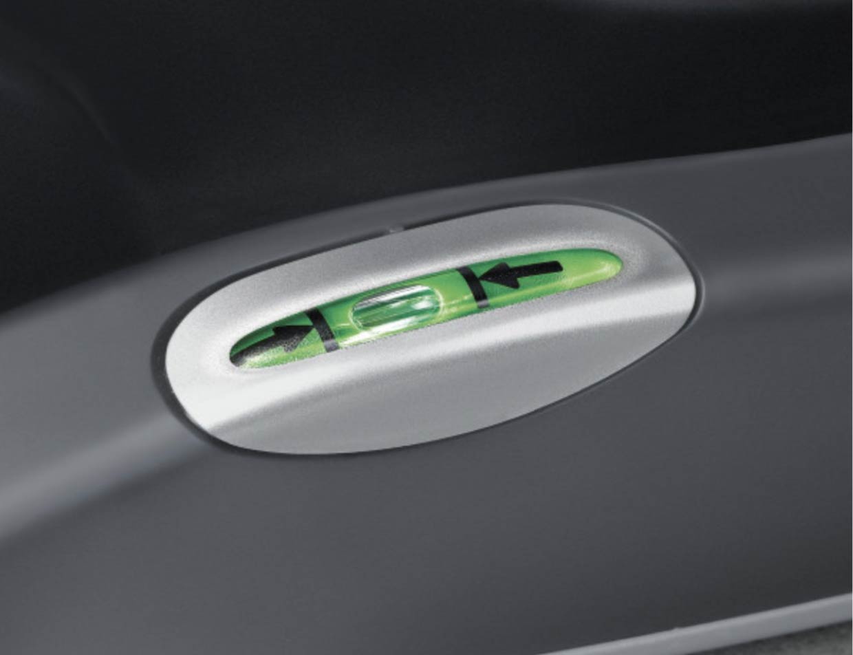 Close-up of the Chicco car seat bubble level indicating proper recline angle during installation.