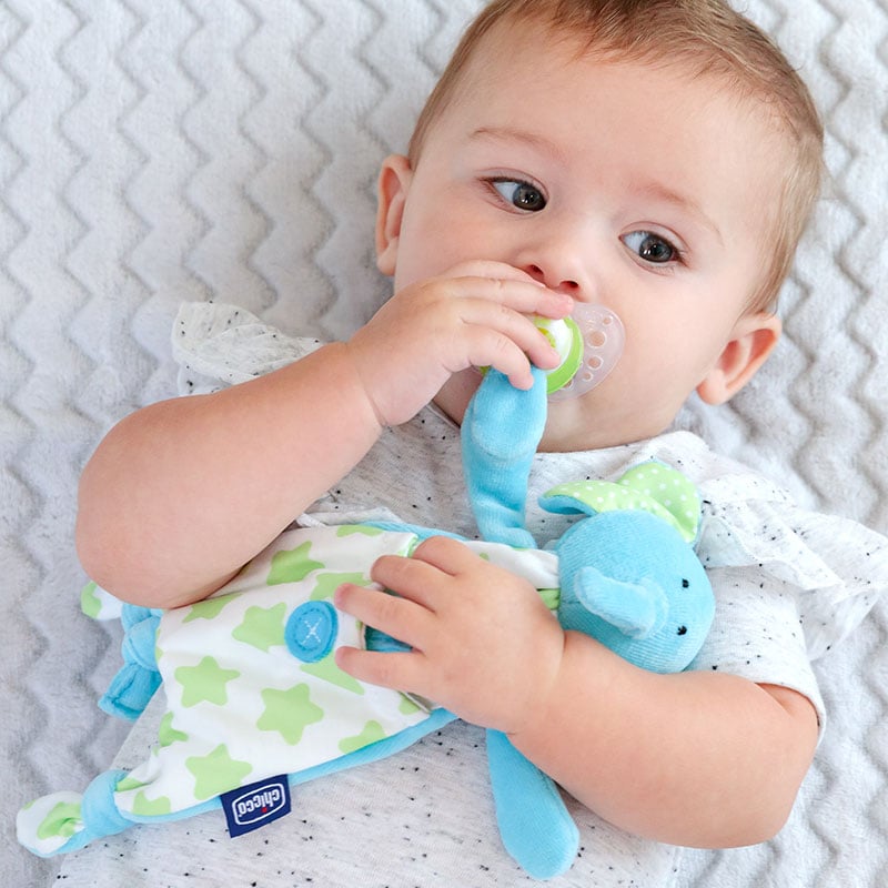 Baby with Chicco Elephant Pocket Buddy